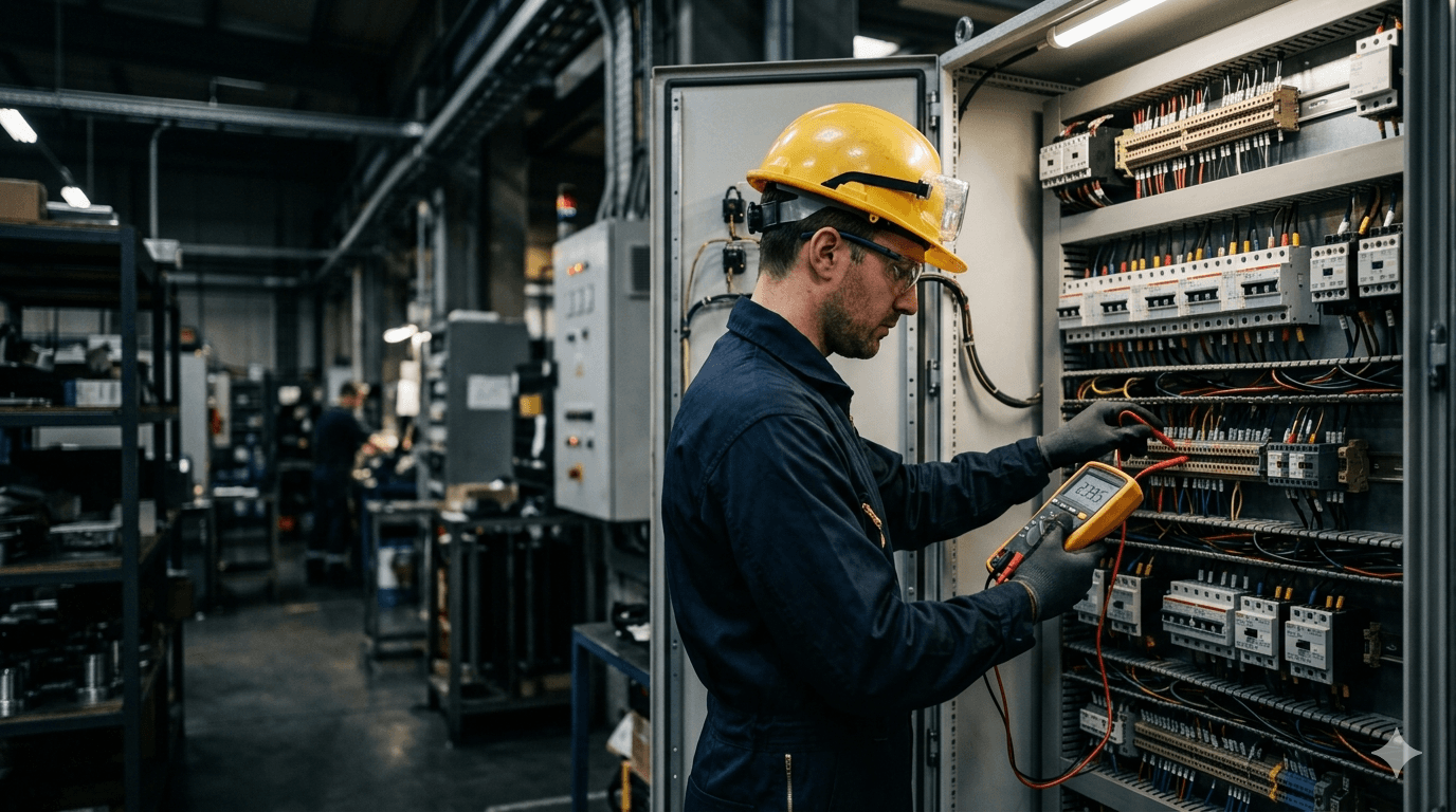Engineer with Dranetz measurement equipment at industrial plant